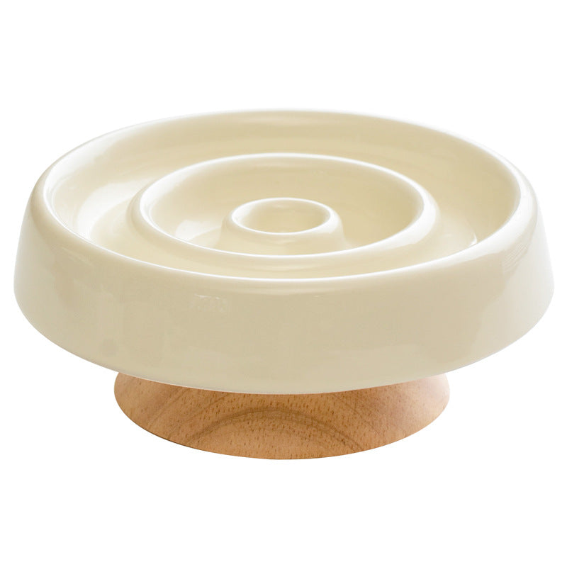 Solid Wood High Stand Ceramic Slow Eating Pet Bowl